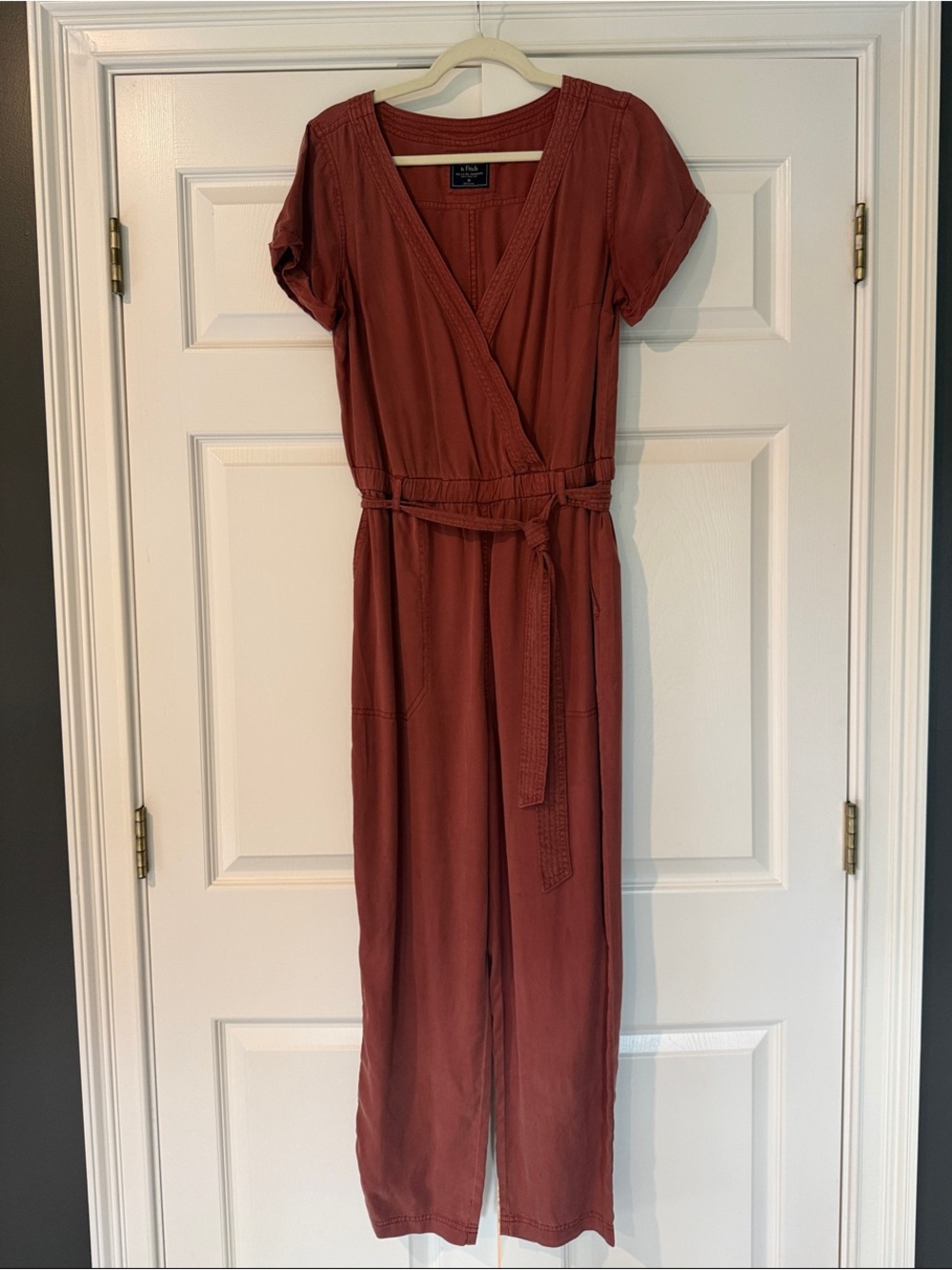 Abercrombie & Fitch Rust Wrap Short-Sleeve Jumpsuit with Tie/Romper